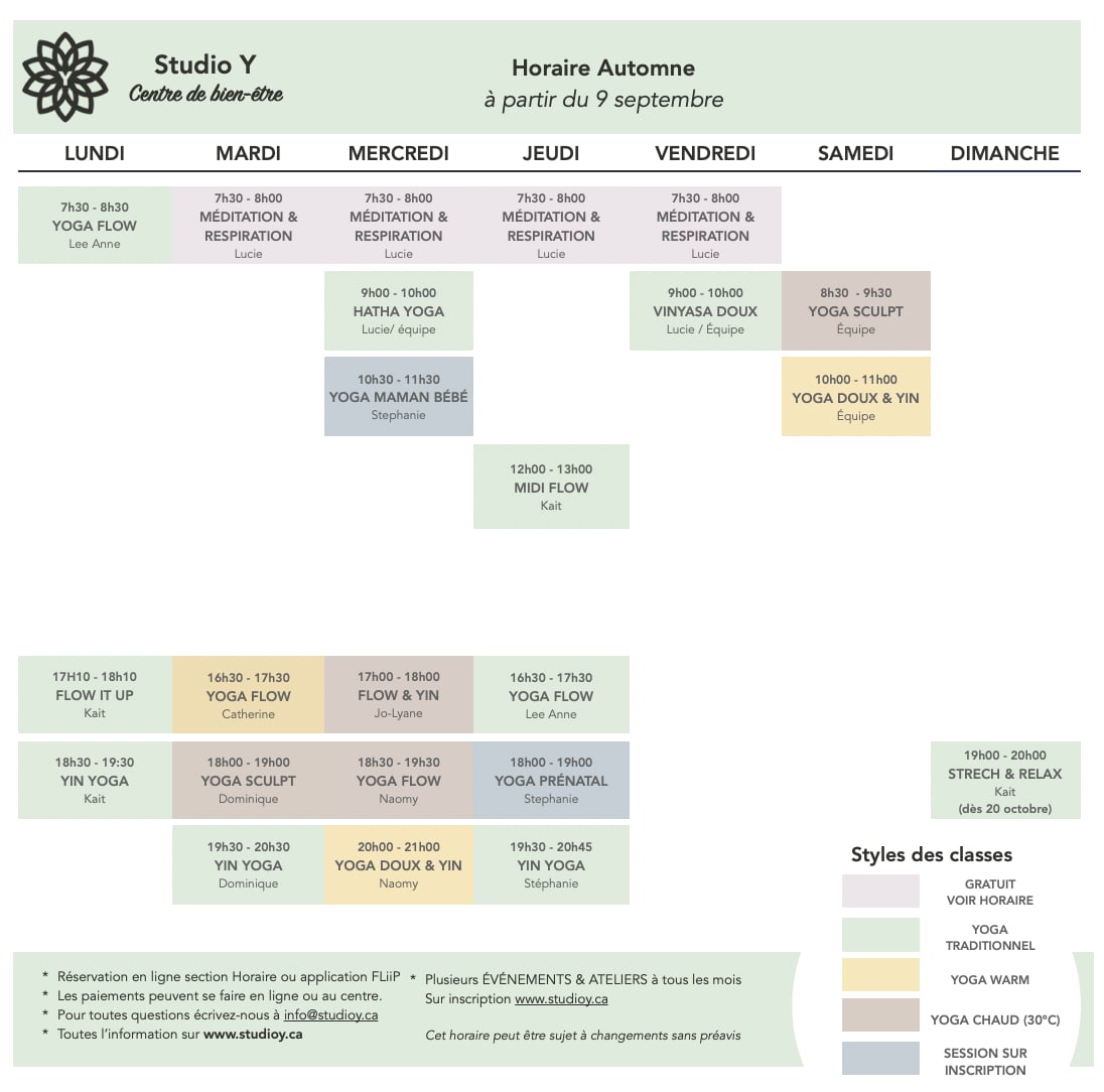 Horaire automne 2024 Studio Y